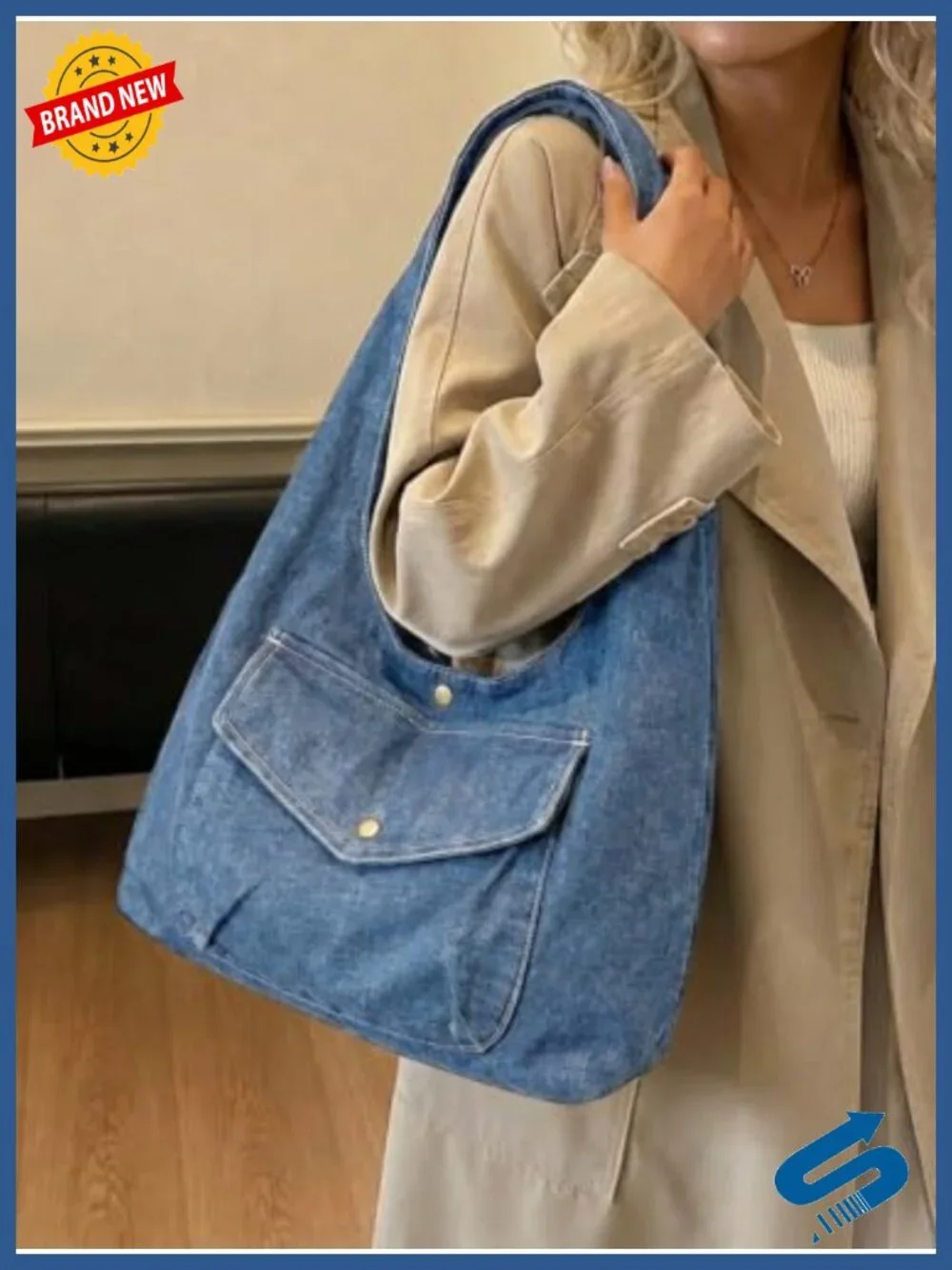 Denim Hobo Tote Bag Large Capacity Reversible Shoulder Purse